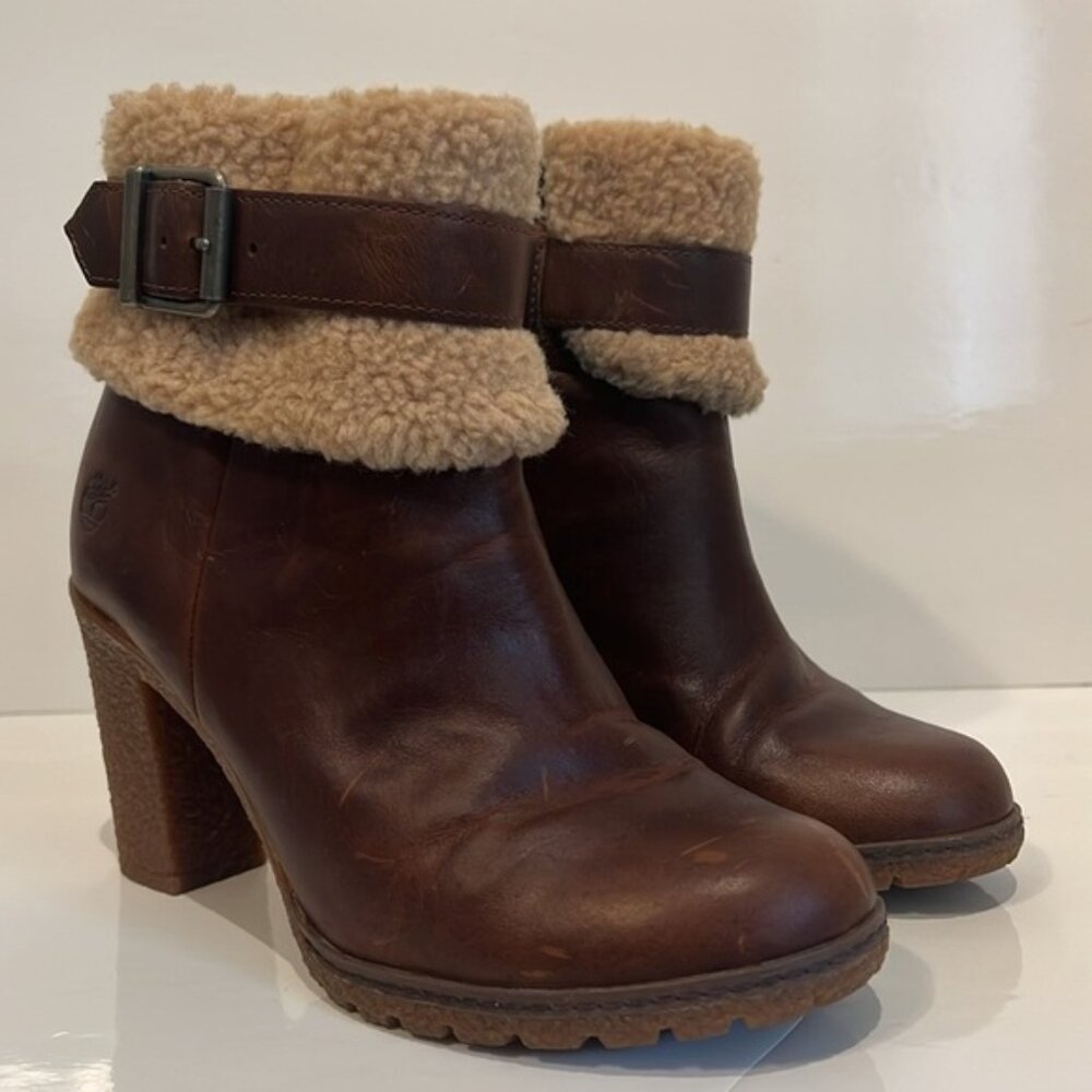 Timberland Glancy Brown Distressed Leather Fleece Ankle Boots Size 7